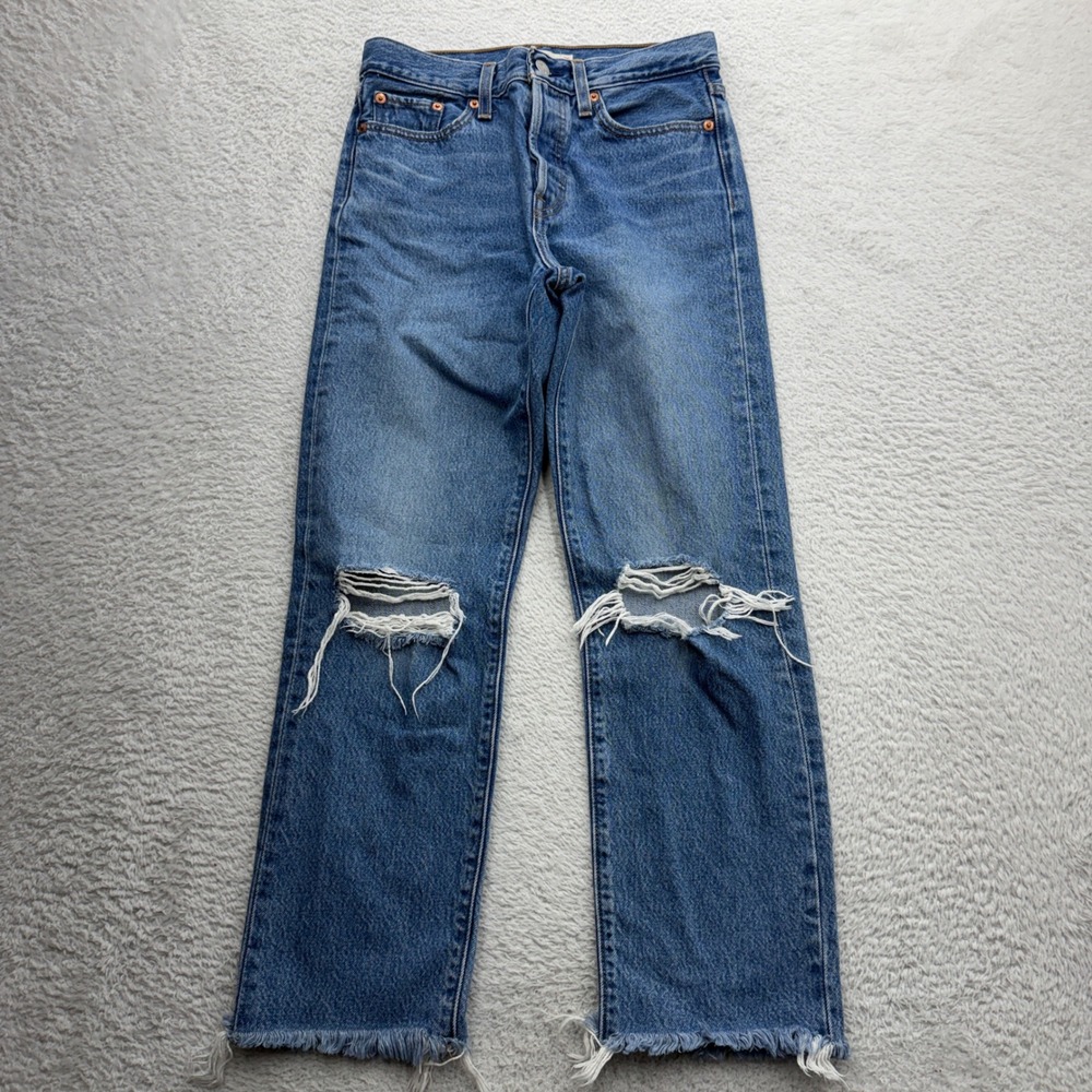 Levis Premium Wedgie Straight Distressed Jeans Blue 26 High Rise Button Fly